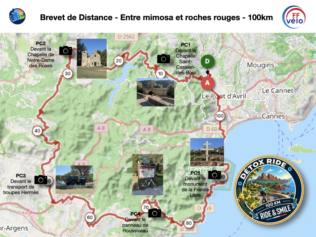 Ride and Smile - La Détox Ride - Entre mimosa et roches rouges - 100km - Map